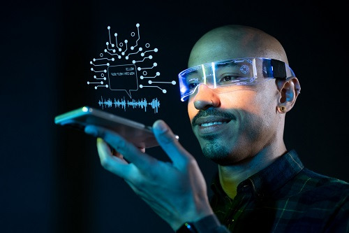 man using smartphone while wearing technology-enhanced glasses